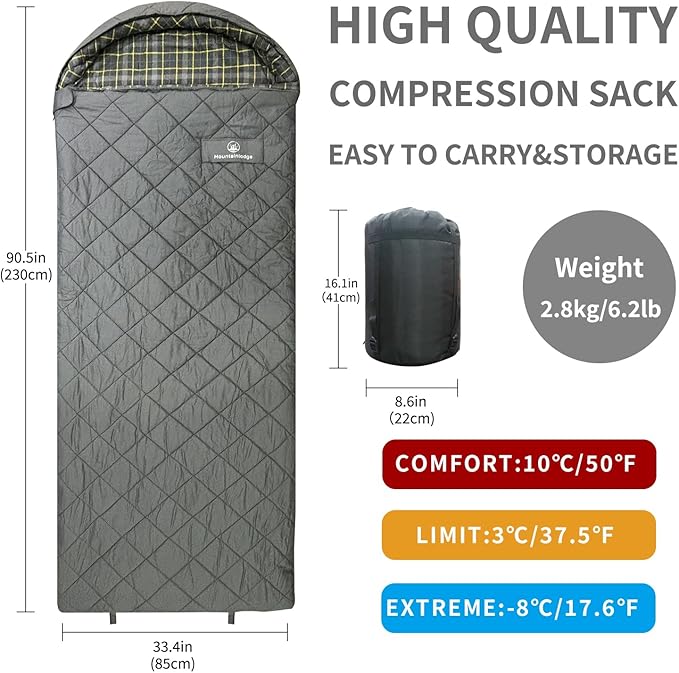 Mountainlodge 100% Cotton Shell and Lining Sleeping Bag for Adult Cold Weather with Compression Bag&Carry Bag for Camping,Travel and Car Camping