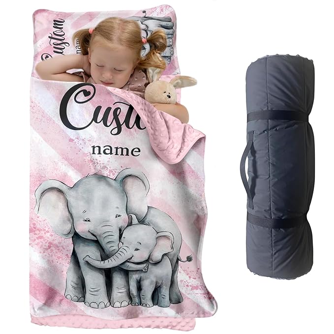 Custom Toddler Nap Mat for Preschool, Personalized Name Kids Sleeping Bag with Watercolor Elephant for Daycare, Roll Up Sleeping Mat with Removable Pillow and Soft Dot Minky Blanke for Girls Camping