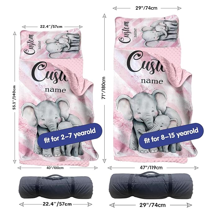 Custom Toddler Nap Mat for Preschool, Personalized Name Kids Sleeping Bag with Watercolor Elephant for Daycare, Roll Up Sleeping Mat with Removable Pillow and Soft Dot Minky Blanke for Girls Camping