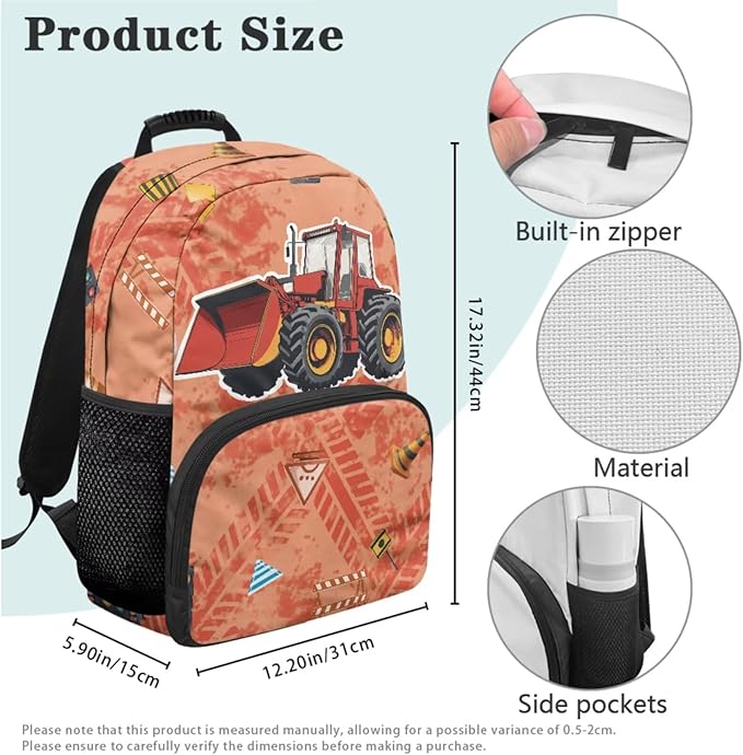 Boy Backpack and Lunch Box Set Lightweight Kids Scooper Construction Truck Backpack Elementary School 4 in 1 Set Kids Book Bag for School Travel Shoulder Bag Daypack