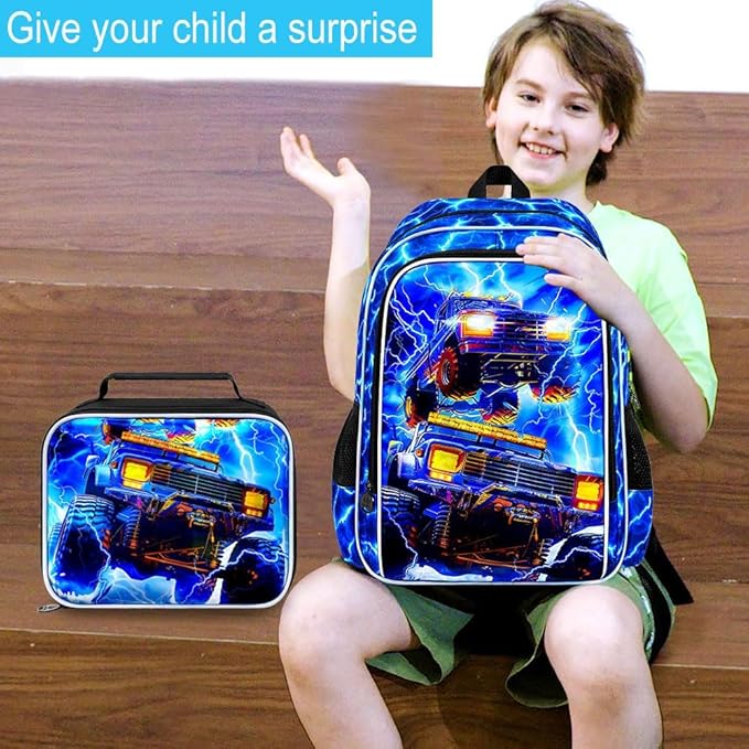 17" Truck Backpack for Boy, 3Pcs Lightning Bookbag for Elementary Preschool Kindergarten, Kids School Thunder Backpacks with Lunch Box (Blue)