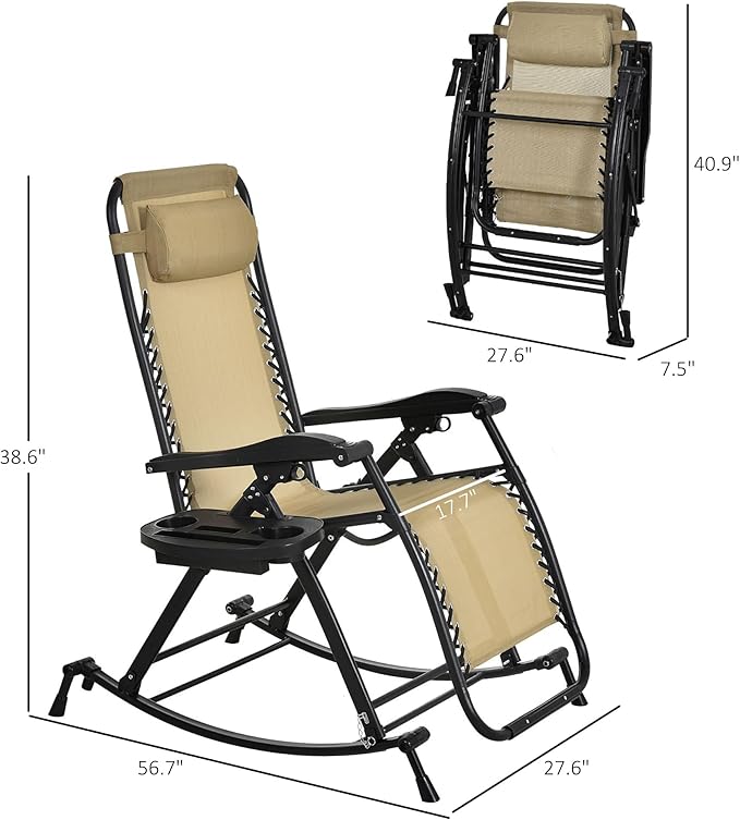 Outsunny Outdoor Rocking Chairs, Foldable Reclining Zero Gravity Lounge Rocker with Pillow, Phone & Cup Holder, Combo Design with Folding Legs, Beige