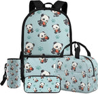 Panda School Backpack with Lunch Box and Water Bottle Bag Pencil Case Large Capacity Travel Backpacks for Kids Kindergarten Elementary Middle Lightweight Camping Travel