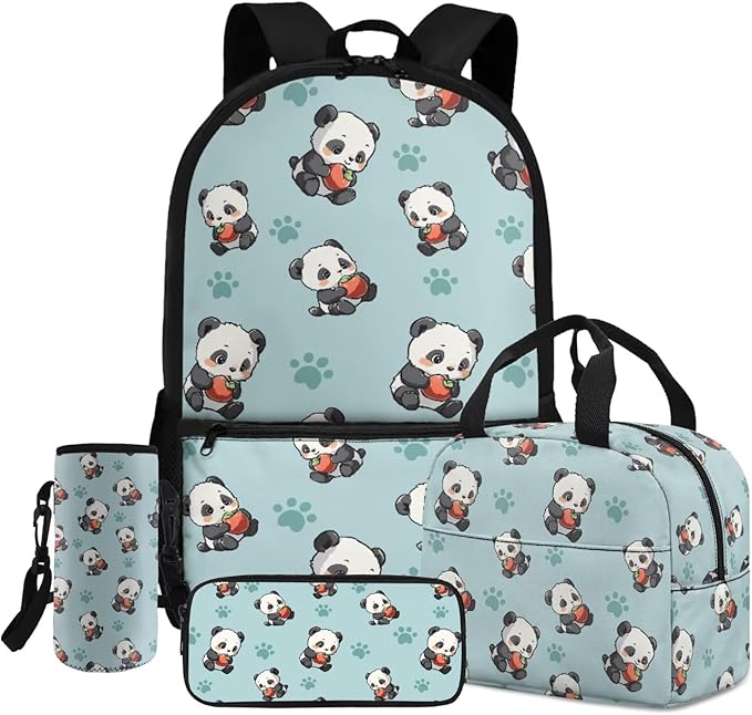 Panda School Backpack with Lunch Box and Water Bottle Bag Pencil Case Large Capacity Travel Backpacks for Kids Kindergarten Elementary Middle Lightweight Camping Travel