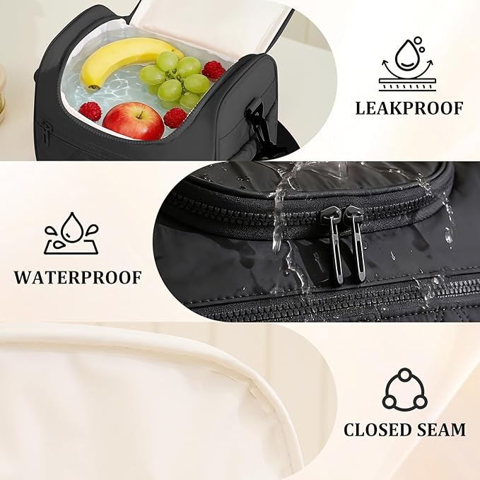 Lunch Bag for Women Soft,Reusable Lightweight Lunch Cooler with Straps,Leakproof Lunch Box for Work Picnic Camping Beach,Black
