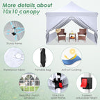 COBIZI Canopy 10x10 Pop Up Canopy Tent with 4 Sidewalls, Commercial Party Tent Ez Waterproof Outdoor Instant Gazebo UV 50+ Event Shelter, Garden Tents for Parties Camping with Sandbags, White