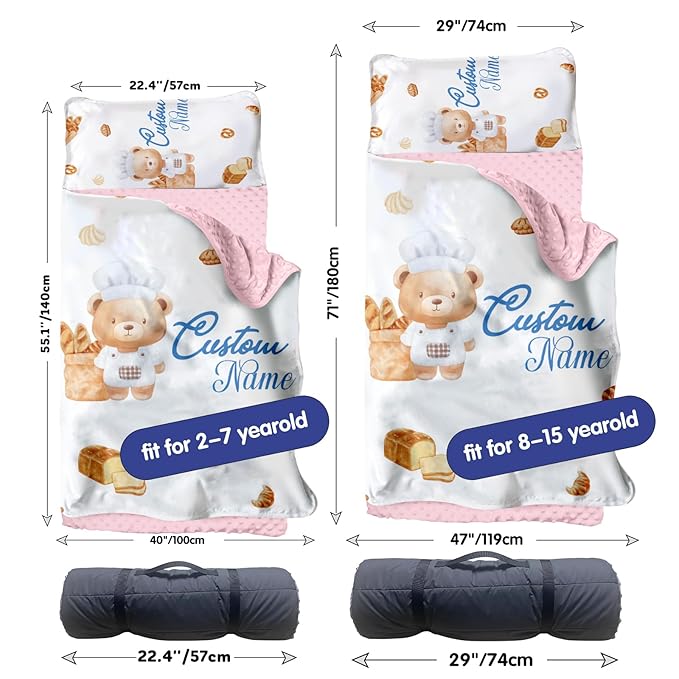 Custom Toddler Nap Mat for Preschool, Personalized Name Kids Sleeping Bag with Bear Parrern for Daycare, Roll Up Sleeping Mat with Removable Pillow and Soft Dot Minky Blanke for Girls Camping