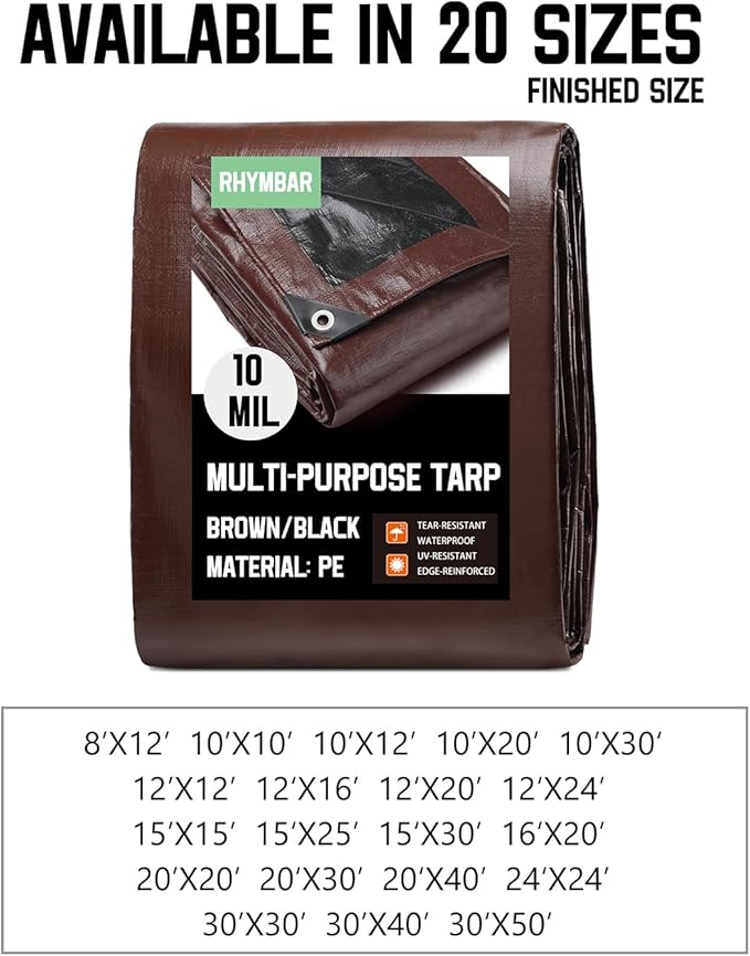 12 x 20 FT Waterproof Heavy Duty Tarp, 10 Mil Thick, Outdoor Furniture Covers, Plastic Insulated Tarpaulin for Camping Tent Roof Boat Patio Pool Cover, Large & Small Multi-Size Tarps, Brown/Black