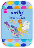 Welly First Aid Kit - FSA Eligible - Adhesive Bandages in Flexible Fabric and Waterproof, Single Use Ointments (Triple Antibiotic, Cleansing Wipes and Hydrocortisone) - 70 Count