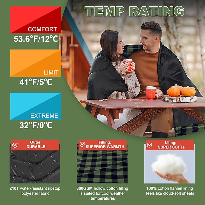 XL Queen Size 2 Person Double Sleeping Bag for Adults, Lightweight Compact with Flannel Liner & Thermolock Draft Tube, Machine Washable All Season Camping Travel