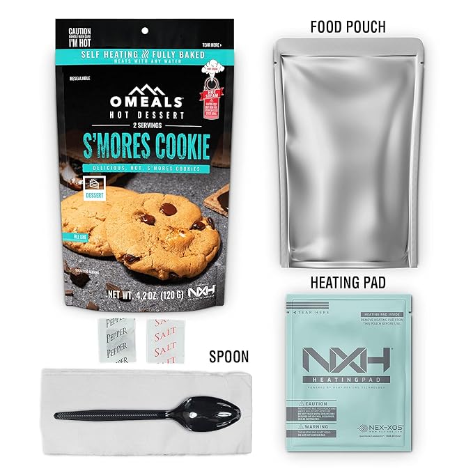 OMEALS S’Mores Cookie Good to Go Meals - Self Heating Emergency Food Supplies, Fully Cooked Backpacking Meals and Camp Food with Extended Shelf Life - USA - 6 Pack