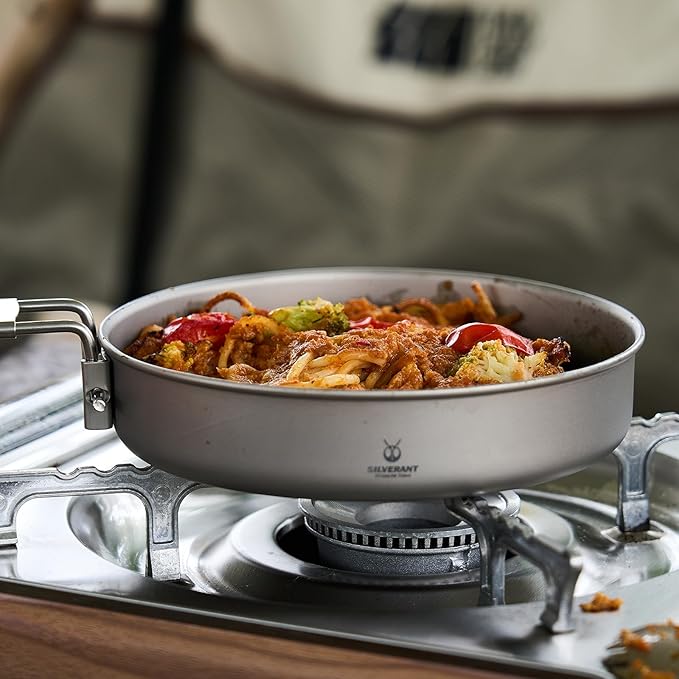 SILVERANT Camping Plate Titanium Pan Dish Plate with Handle & Mesh Bag, Large Reuseable Ultralight Dinner Plate for Camping Outdoors Backpacking (750ML)