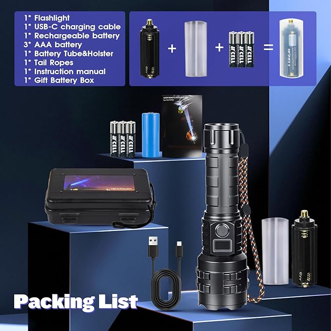 Flashlights High Lumens Rechargeable, 1000000 High Lumens Super Bright Handheld LED Flash Light, Powerful Emergency Linternas, Waterproof, Long Lasting, for Hiking Camping Gift