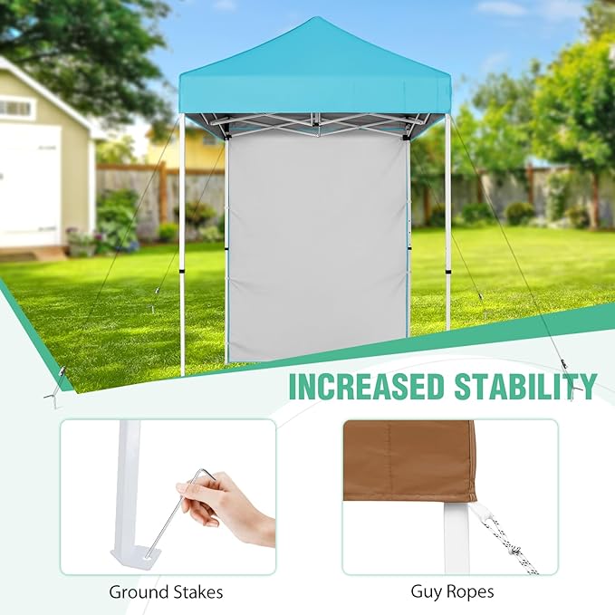 5x5 Pop Up Canopy Tent with One Sidewall, Instant Portable Beach Canopy, Outdoor Tent with Carry Bag for Camping, Sports, Tailgating, Events, Light Blue