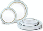 OCCASIONS 50 Blue Plastic Plates (25 Guests) - Heavyweight Disposable Set with Gold Rim - 25 x 10.5" Dinner + 25 x 7.5" Salad/Dessert for Weddings & Parties - Ritz Blue and Gold