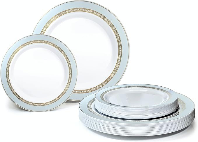 OCCASIONS 50 Blue Plastic Plates (25 Guests) - Heavyweight Disposable Set with Gold Rim - 25 x 10.5" Dinner + 25 x 7.5" Salad/Dessert for Weddings & Parties - Ritz Blue and Gold