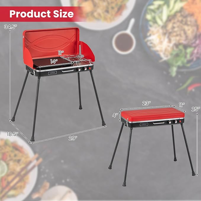HAPPYGRILL Portable Camping Stove, 2-Burner Propane Grill Cooker with Removable Leg Stand, Roast Grill, Dual Control Knobs, Wind Guards, Outdoor Gas Grill for Camping BBQ Picnic, Red