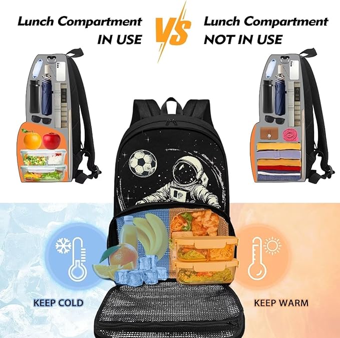 Boys Grils Kids Meal Prep Backpack All in One Backpack Insulated Lunch Bag Travel Casual Elementary Middle High School Student Backpack Hiking Daypack, Astronaut Soccer