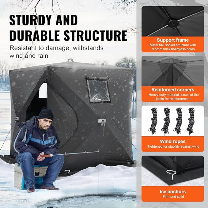 VEVOR Portable Pop-Up Tent, 1-8 Person Insulated Shelter, Large Fishing Area, Hub-Style Shanty for Winter Fishing, Waterproof Oxford Ice Cube with Anchors/Ropes/Carrying Bag