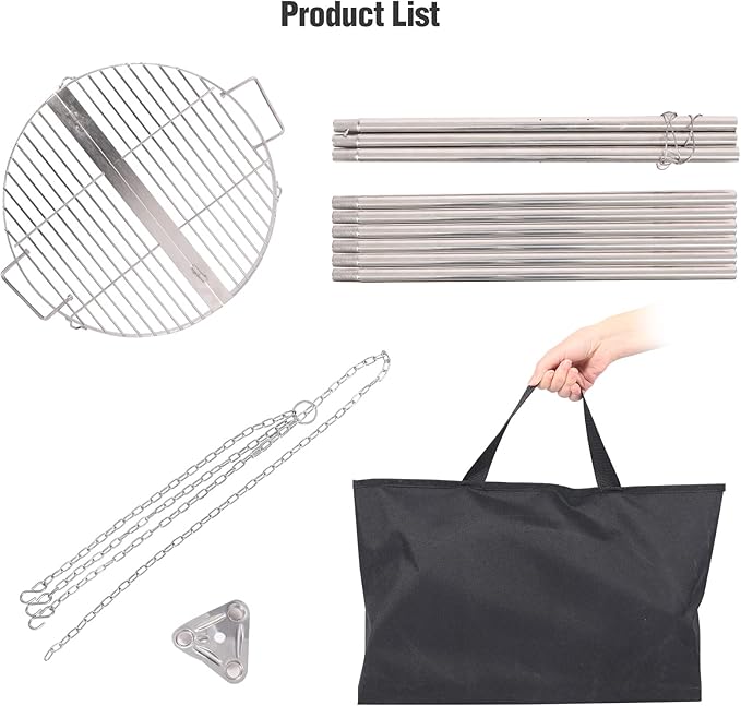 Lineslife Campfire Tripod Grill for Cooking, Durable Stainless Steel Camping Fire Tripod Grill with Round Grate and Carrying Bag for Outdoor BBQ, Silver