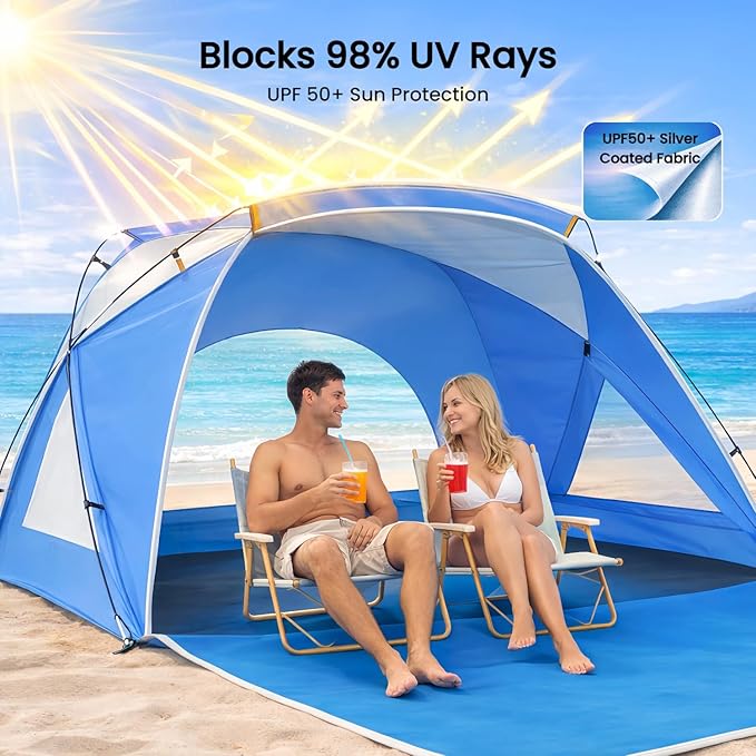 Beach Tent, Portable Sun Shelter for 2/3/4/6-8 Person with UPF 50+ UV Protection, Easy Setup Waterproof Beach Shade Canopy Cabana for Family Outdoor and Picnics, Fishing with Carrying Bag