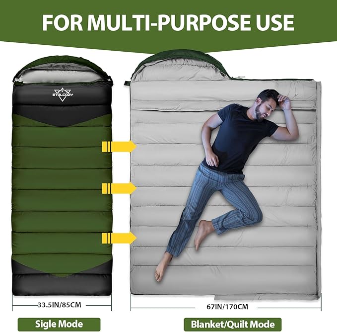 Single Sleeping Bag for Adults Kids 3-Season, Lightweight Waterproof Ripstop, Dual Zipper Bottom Vent, Compression Sack, Portable Camping Hiking Backpacking Gear