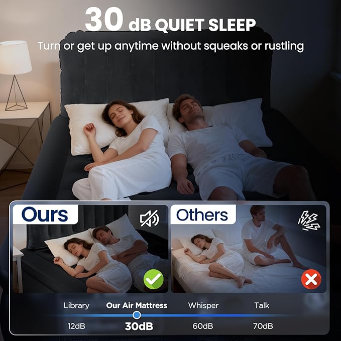 Queen Air Mattress with Headboard, Built-in Pump, 800 lbs Support, Quiet Noiseless Design, 48-Hour Leak-Tested, 3.5 Min Fast Inflation, Portable Blow Up Bed with Carry Bag for Home, Guests & Camping