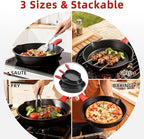 3 piece set, cookware set 6, 8, 10 Inches, for frying, saute, &more, easy use in the oven, stove, grill, or campfire, black, with silicone heat-resistant cover