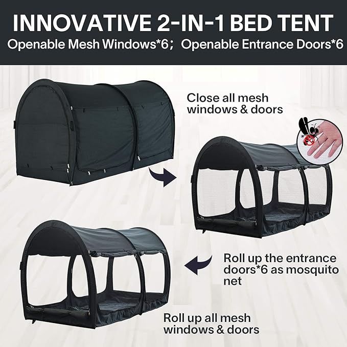 Alvantor® Bed Canopy Bed Tents 2-in-1 Dream Tents Privacy Space Twin Size Sleeping Tents Indoor Pop Up Portable Frame Curtains Breathable Gray Cottage Reducing Light & Air Ventilation