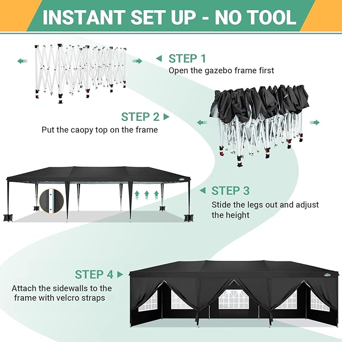 COBIZI 10x30 Canopy Party Tent with 8 Walls 10x30 Pop Up Canopy for Parties Waterproof UPF 50+ Outdoor Commercial Event Tent for Party Backyard Gazebo Canopy with Sidewalls & Sandbags(Black,10x30ft