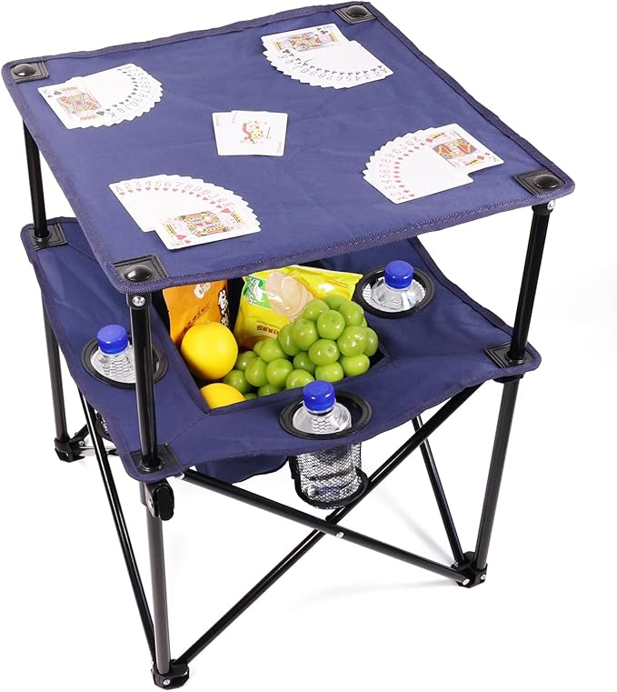 Portable Folding Camping Table with Cup Holders – Lightweight & Compact 2-Tier Outdoor Table with Storage, Ideal for Card Games, Snacks, Picnic, Tailgating & Camping (Navy Blue)