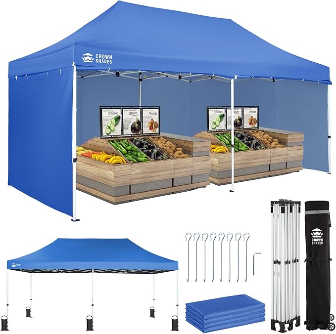 CROWN SHADES 10x20 Pop Up Canopy Tent, Thicken Frame Commercial Heavy Duty Tent, 4 Sidewalls 8 Stakes & 4 Sandbags & 4 Ropes, Outdoor Canopies for Events, Parties, Blue