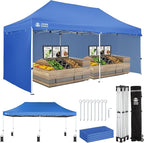 CROWN SHADES 10x20 Pop Up Canopy Tent, Thicken Frame Commercial Heavy Duty Tent, 4 Sidewalls 8 Stakes & 4 Sandbags & 4 Ropes, Outdoor Canopies for Events, Parties, Blue