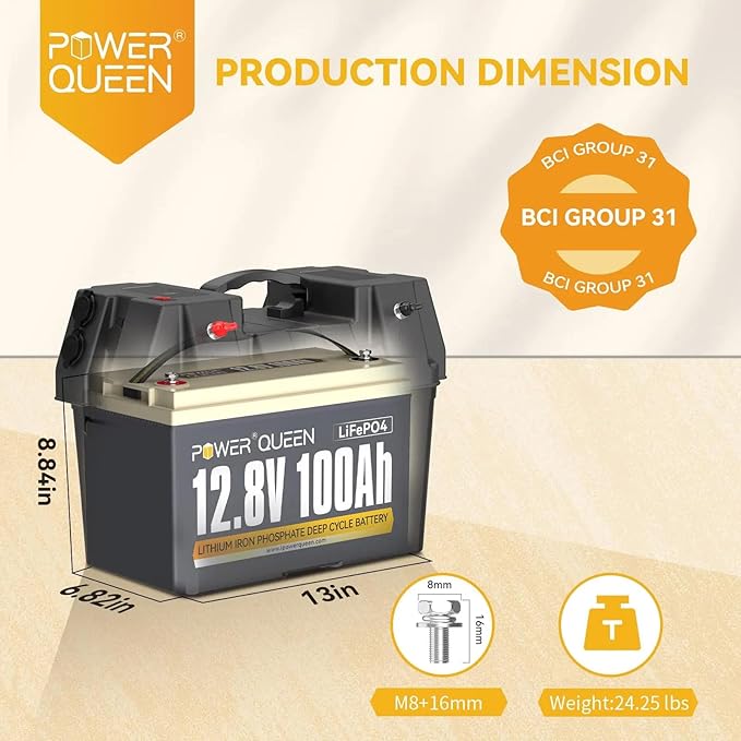 Power Queen 12V 100Ah LiFePO4 Battery, Group 31 Lithium Battery with 1280Wh Energy and BMS Protection, Up to 15000 Deep Cycles for RV Trailer, Solar Off-Grid, Marine