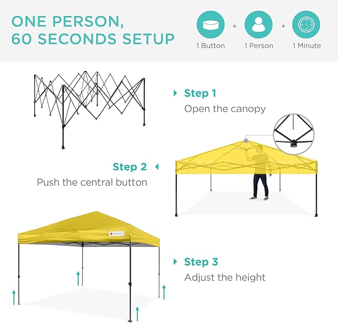 Best Choice Products 10x10ft Pop Up Canopy Tent, Outdoor Shade, 1 Person 1 Minute Set Up, Carry Case, 4 Weight Bags - Yellow