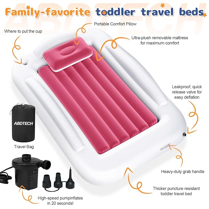 Inflatable Toddler Travel Bed - Portable Toddler Kids Travel Bed with Safety Sides Complete Kids Air Mattress Set with High-Speed Pump, Ideal for Vacation Camping and Sleepover (60 Inches)