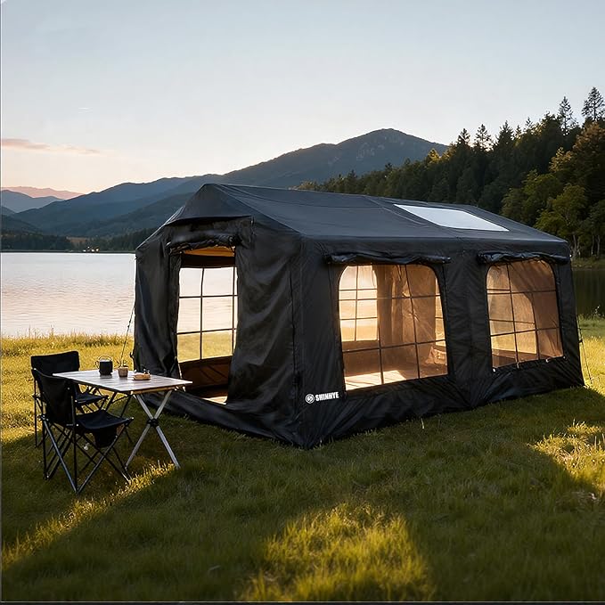Inflatable Large Tent, Blow Up Tent with Hand Pump Waterproof 4 Season Air Tents Luxury Black Oxford Cabin Glamping House Easy Setup Outdoor Family Hot Tents for Camping 4-8 Person