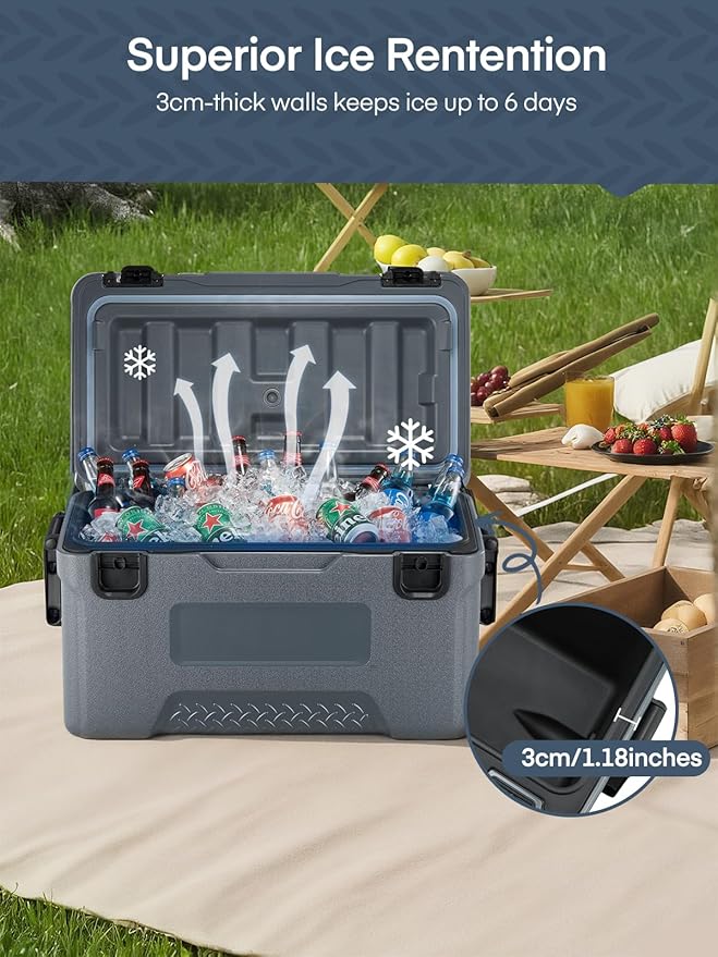 Cooler, Portable Hard Cooler with Dual Latches, Insulated Ice Chest with Swing-up Side Handles, Molded Ruler＆Cup Holders, Coolers Keeps Cool up to 6 Days, Camping Fishing Road Trips Beach, 47.5 QT