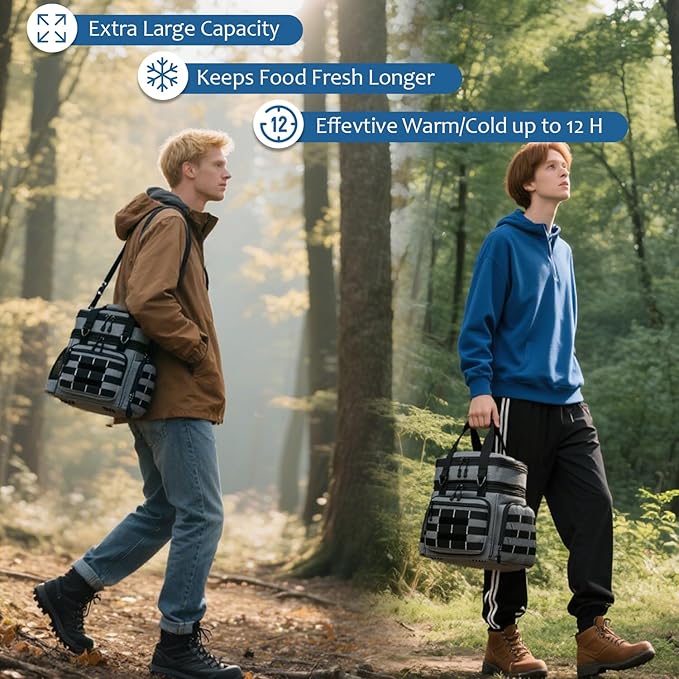 Tactical Lunch Box for Men - Large Expandable Insulated Lunch Bag, Double Deck Cooler Bag Mens Lunchbox for Work, Camping, Beach, Picnic, Hiking & Outdoor Shifts, 16L, Black+Gray