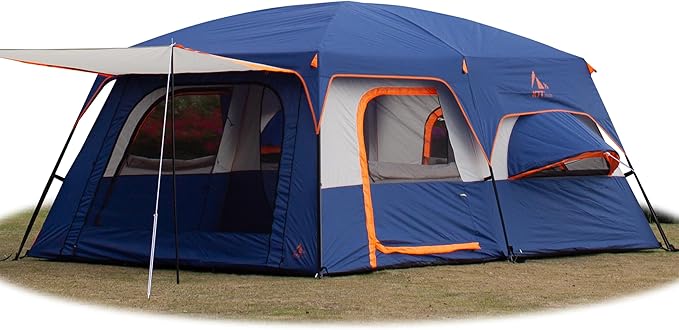 KTT Extra Large Tent 10-12-14 Person(Style-B),Family Cabin Tents,2 Rooms,3 Doors and 3 Windows with Mesh,Straight Wall,Waterproof,Double Layer,Big Tent for Outdoor,Picnic,Camping,Family Gathering