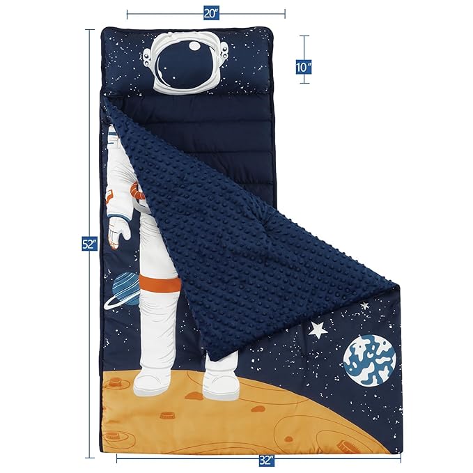 PHF Toddler Nap Mat with Removable Pillow and Minky Fleece Blanket, Rollup Design Warm Slumber Bags for Boys Girls, 52"x20"x2" Kids Sleeping Bag for Daycare Preschool Travel Camping, Astronaut