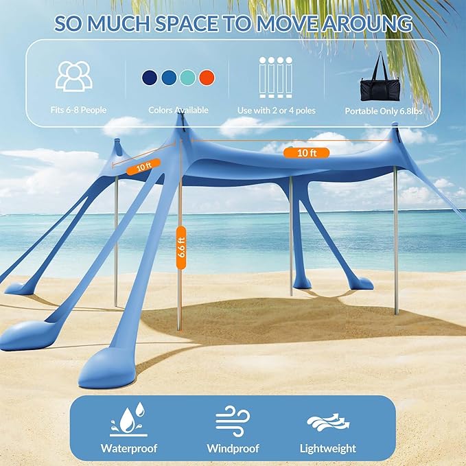 Gardentime Beach Tent Canopy with 8 Sandbags 4 Aluminum Poles, Pop Up Portable Camping Sun Shelter, Easy Set Up with 2 Sand Shovel, Ground Pegs, Carrying Bag for Outdoor Beach,Picnic, Fishing