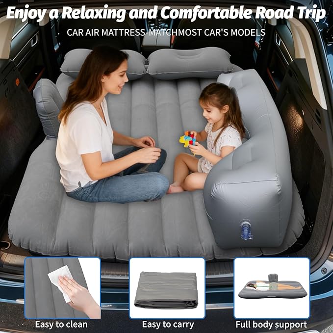 Inflatable Car Air Mattress Back Seat Bed with Air Pump,55 "x 35" Portable Thickened Car Travel Camping Sleeping Air Mattress Blow Up Bed for Car Universal SUV