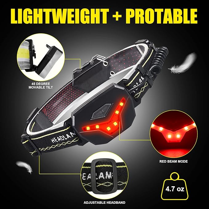 EXIN DECHEN LED Headlamp Rechargeable, 1200 Lumen Super Bright Headlamp Flashlight, 270° Wide Beam LED Headlamps with Red Taillight, 8 Mode Lightweight Waterproof Head Lamp