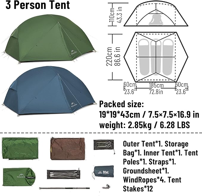 Naturehike 2025 Mongar Pro/Base Camping Tent, 1-3 Person Ultralight Backpacking Tent, 20D Nylon 3 Season Waterproof Mongar 2 Person Hiking Tent for Backpacker, Trip, Solo Camping