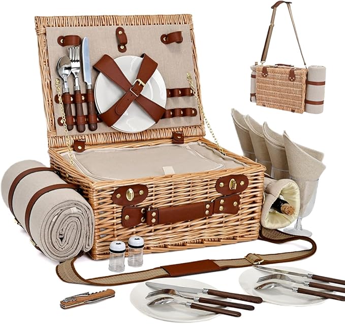 Picnic Basket with Blanket and Wine Pouch for 4, Wicker Picnic Set with Insulated Liner Cooler Bag Hamper for Camping,Wedding - Natural