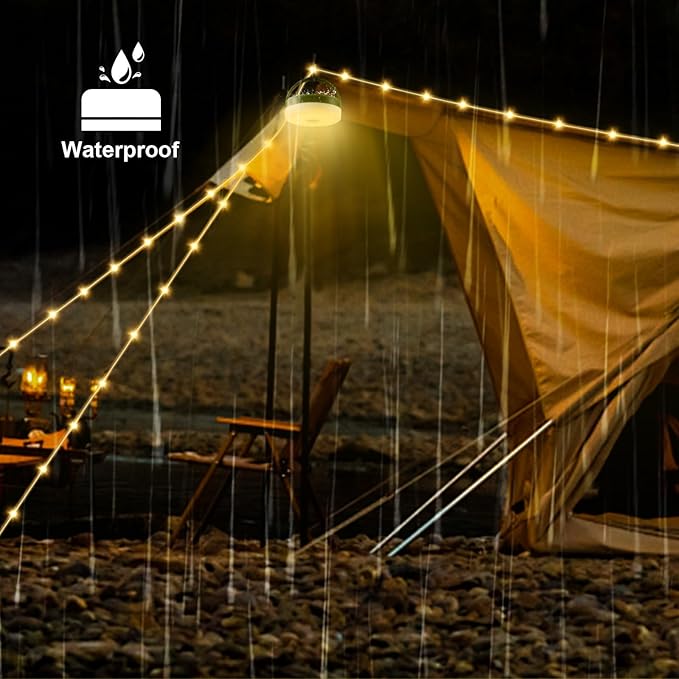 Camping String Lights, 4 in 1 Quick Storage 33FT Rechargeable Tent Lights with 9 Lighting Modes, Hanging Waterproof Portable Retractable LED Lamp for Outdoor, Patio, RV, Awning, Garden, Party