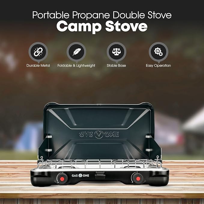 GasOne PS-2500MBA Portable Camping Stove – Double Propane Stove with Auto Twist Turn Ignition – 22,000 BTU Camping Cooktop with 2 Burners and Wind Guard – Ideal for Tailgating, Fishing, Travel