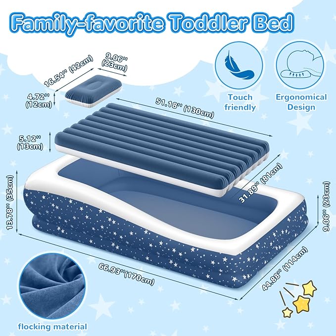 Inflatable Toddler Travel Bed: Portable & Safety - Blow Up Toddler Bed Travel with 4 Sides - Kids Air Mattress Ideal for Outdoor Camping - Easy to Inflate Deflate and Clean (67”, Blue)