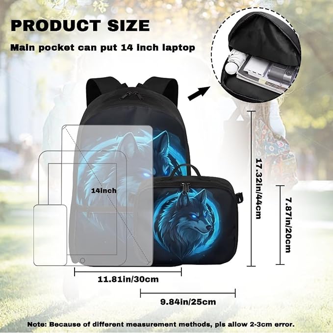 Wolf Backpack for Men Large Capacity School Bag for Teen Boys Polyester Bookbag with Detachable Lunch Box for Travel Outdoor Knapsack Book Bag